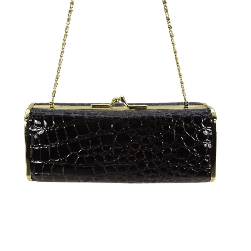 Sasha Black Faux Croc Patent Box Clutch‎ Gold Chain Evening Bag Handbag